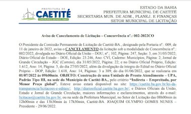 Cancelado Processo Licitatório da obra de construção de UPA em Caetité