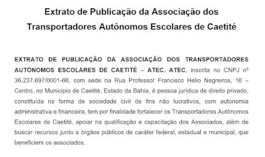 Extrato de Publicação da Associação dos Transportadores Autônomos Escolares de Caetité