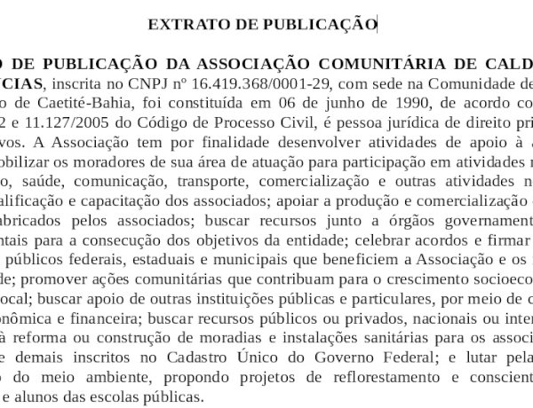 Extrato de Publicação da Associação Comunitária de Caldeiras e Adjacências