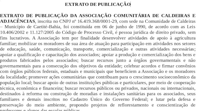 Extrato de Publicação da Associação Comunitária de Caldeiras e Adjacências
