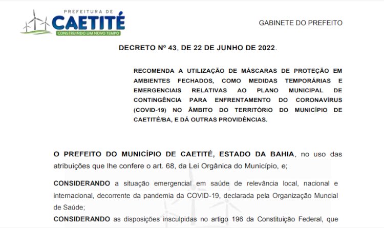 Prefeitura de Caetité recomenda uso de máscaras devido aumento de casos da Covid