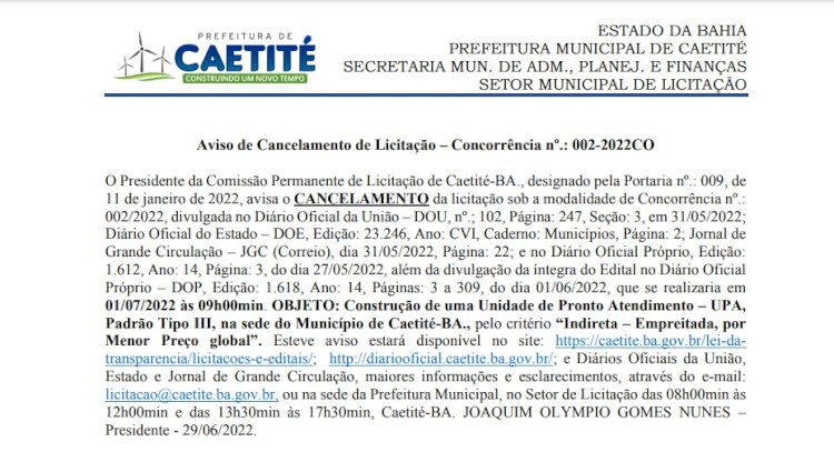 Cancelado Processo Licitatório da obra de construção de UPA em Caetité