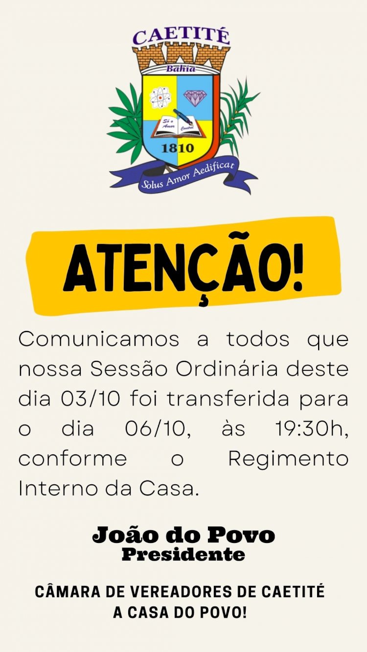 Caetité: Sessão Ordinária acontecerá na próxima quinta-feira (06/10)