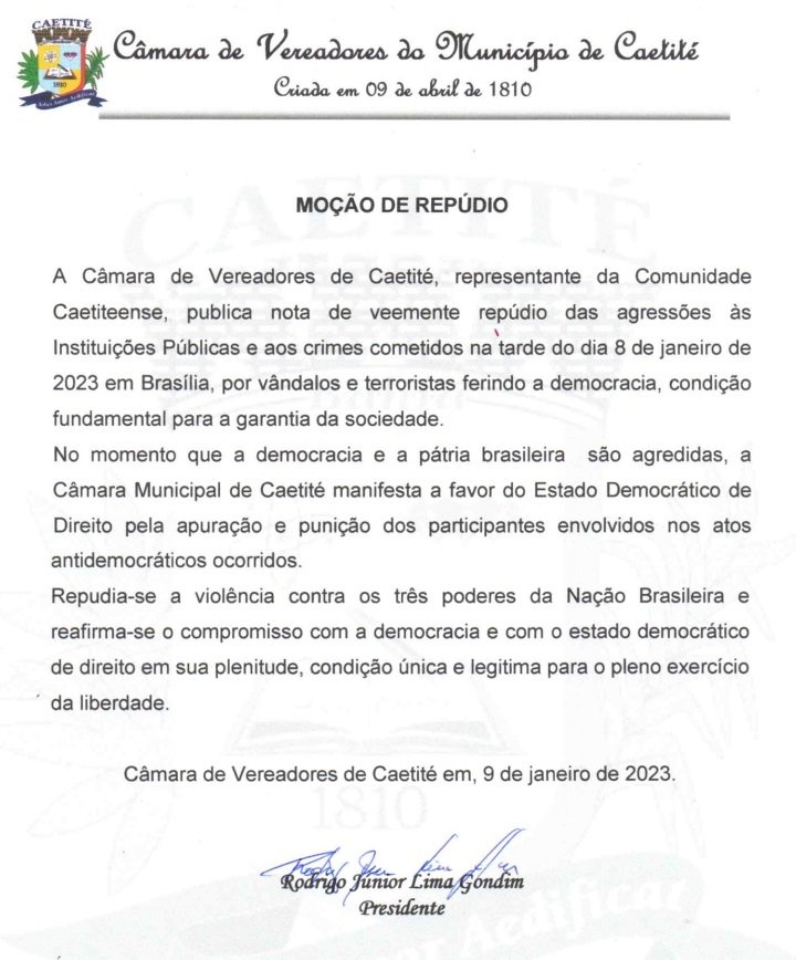 Caetité: Presidente da Câmara Municipal, Rodrigo Gondim, repudia violência contra os três poderes da nação Brasileira