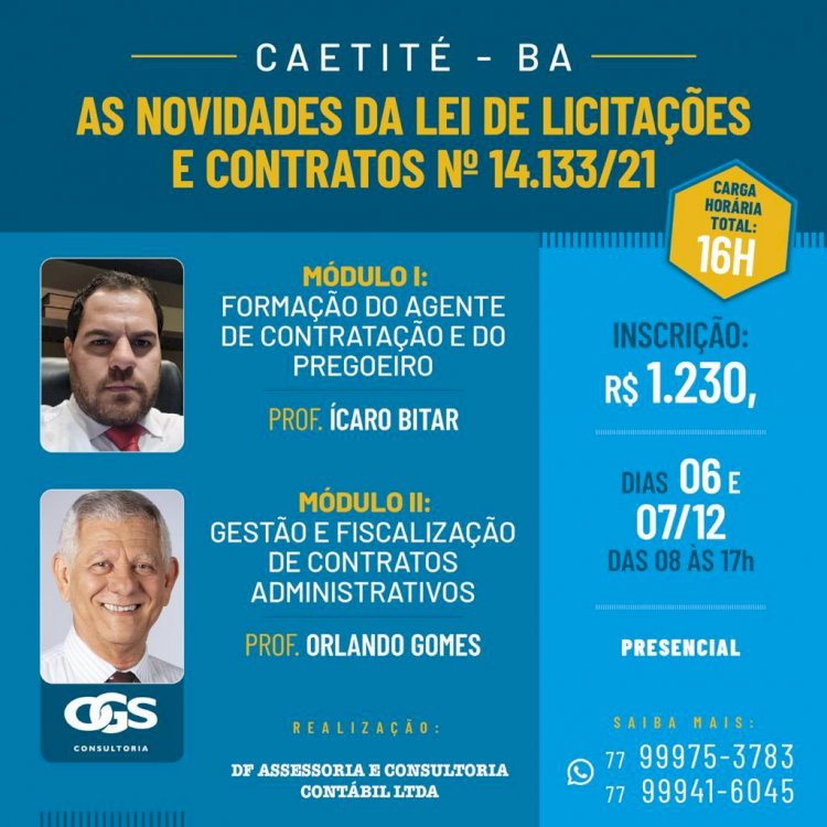 Curso da nova Lei de Licitações e Contratos acontecerá em Caetité