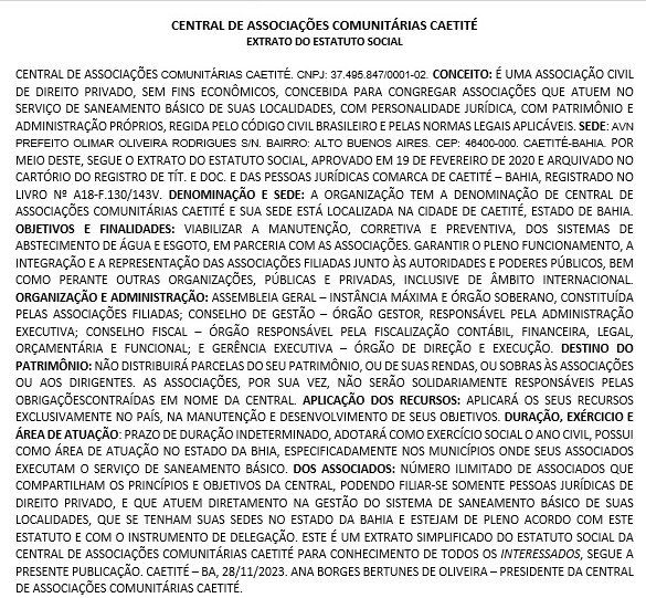 Extrato de Publicação Central de Associações Comunitárias Caetité