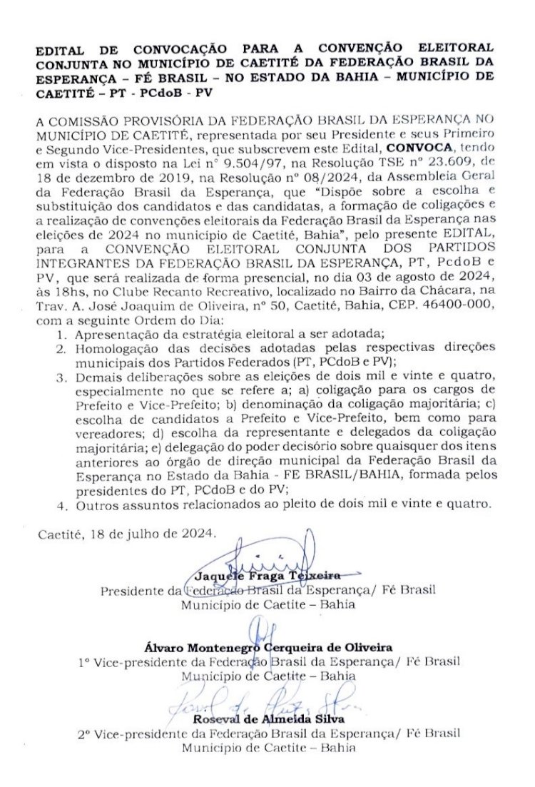 Caetité: Convenção dos partidos PCdoB, PT, PV e PSB acontece neste sábado